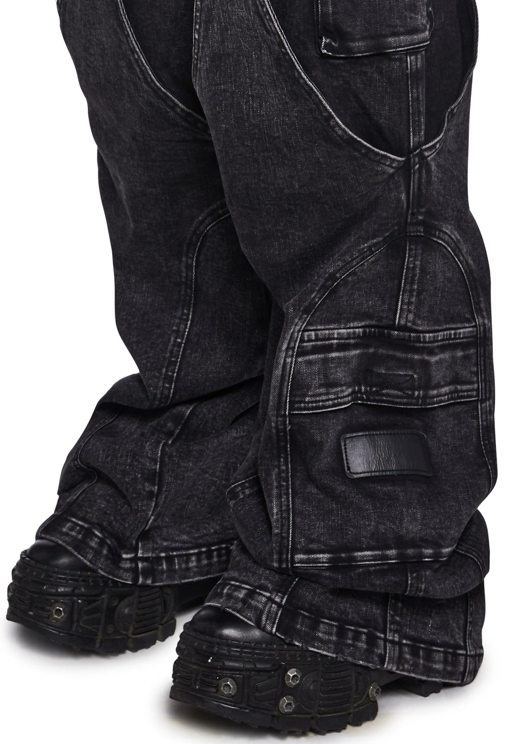 Washed Denim Wide-Leg Cargo Pants - Black