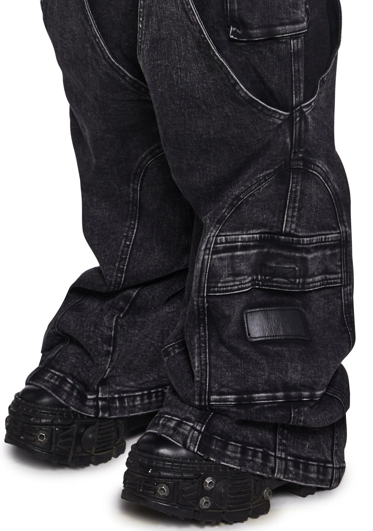 Washed Denim Wide-Leg Cargo Pants - Black