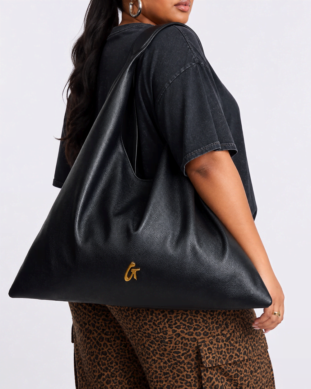 Oversized Pebbled Shoulder Bag - Black
