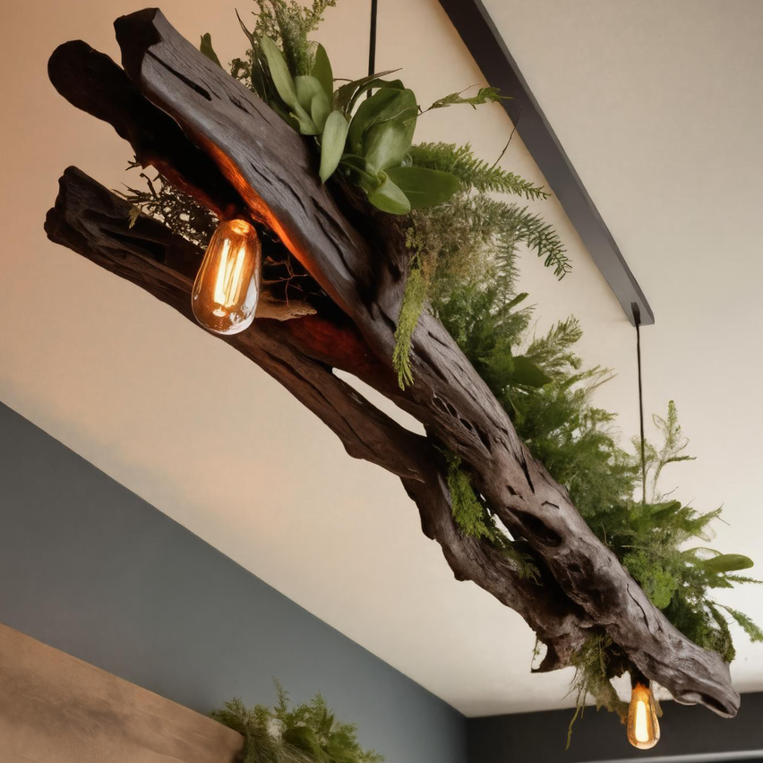 Rustic Wooden Ceiling Light With Greenery For Kitchen Or Living Room