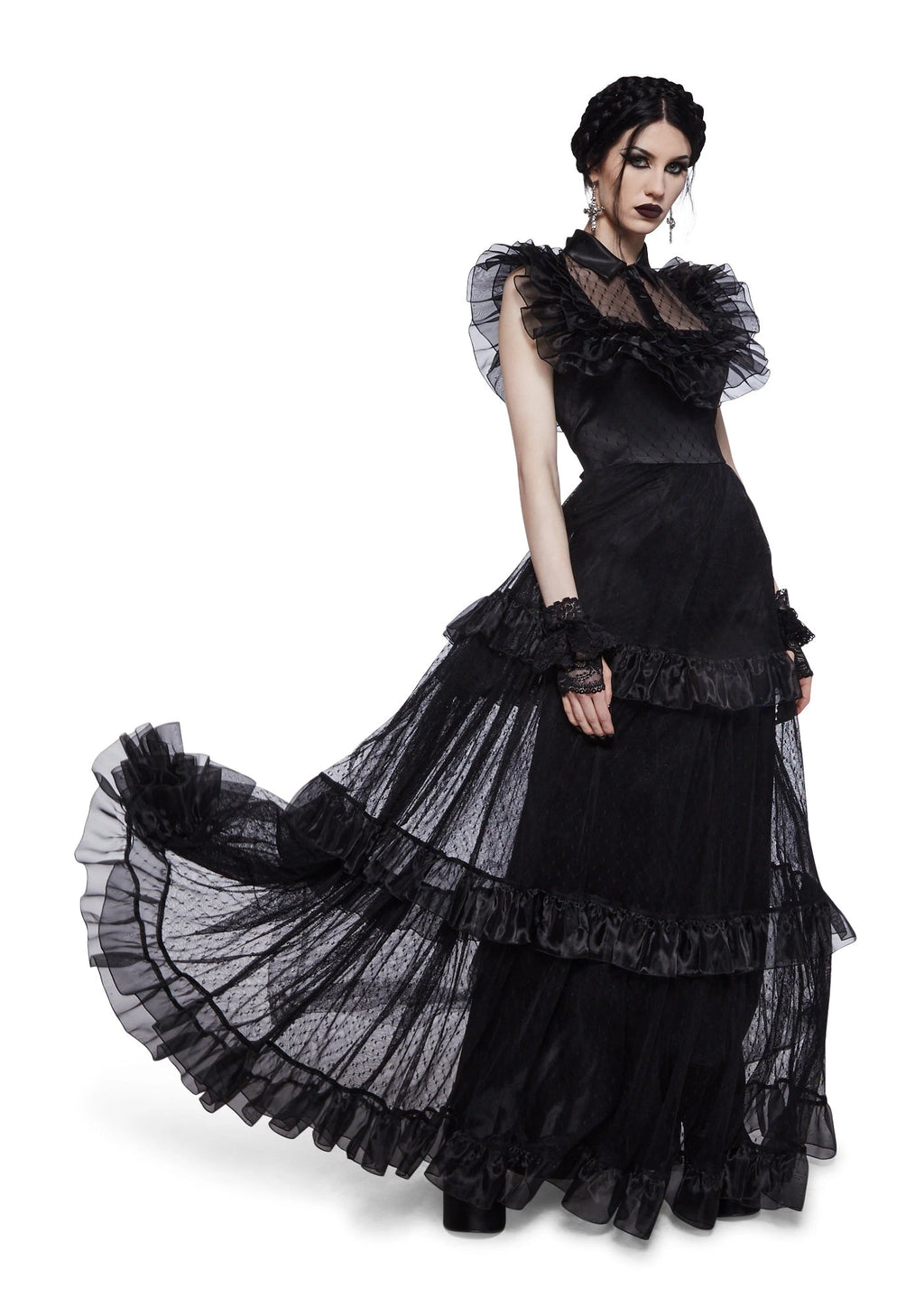 Celestial Print Ruffled Maxi Dress - Black