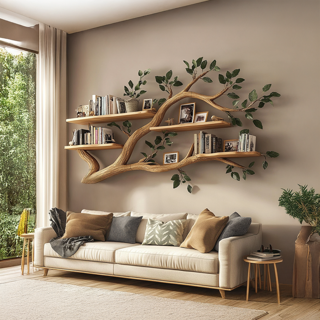 Rustic Wall Mounted Branch Bookshelf