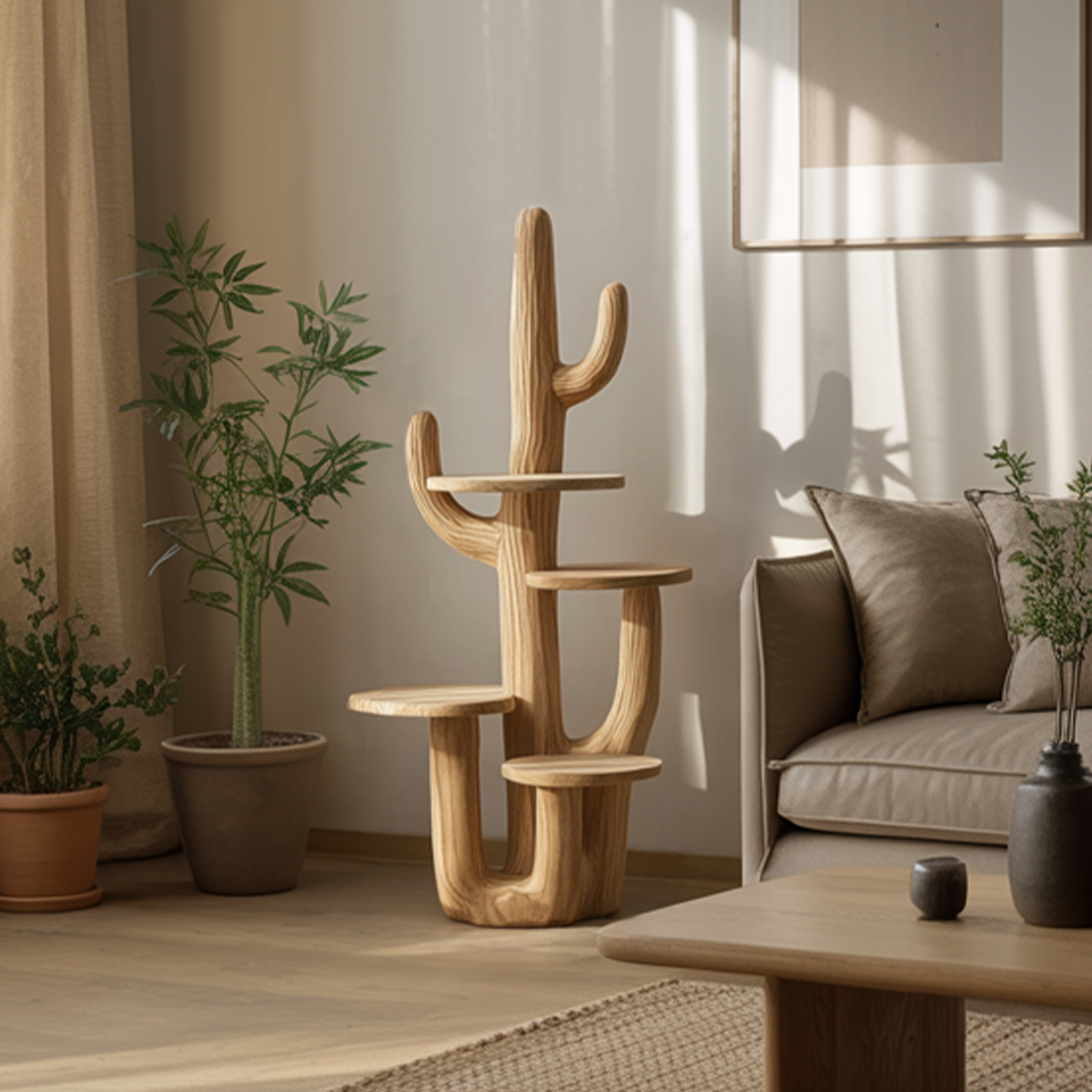 Rustic Cactus Tree Stand Solid Wood Living Room