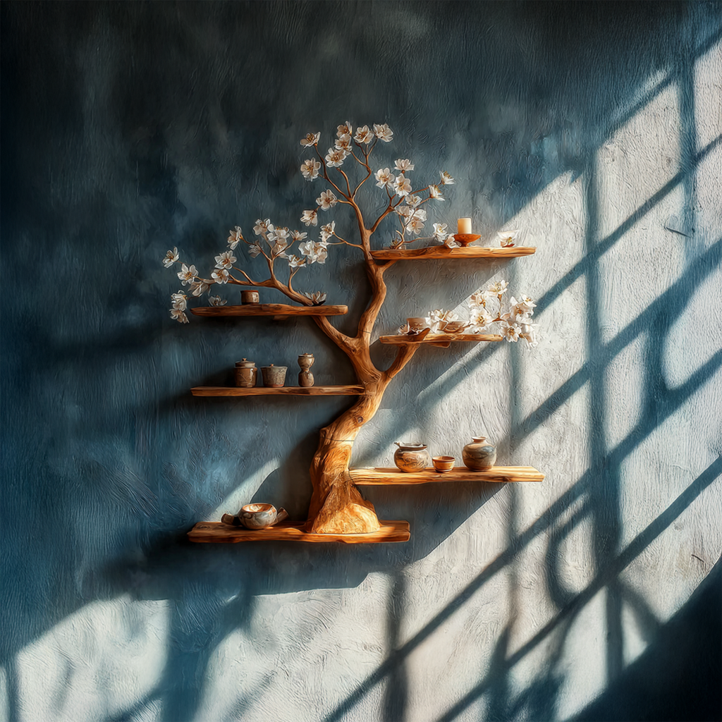 Rustic Wooden Tree Shelf