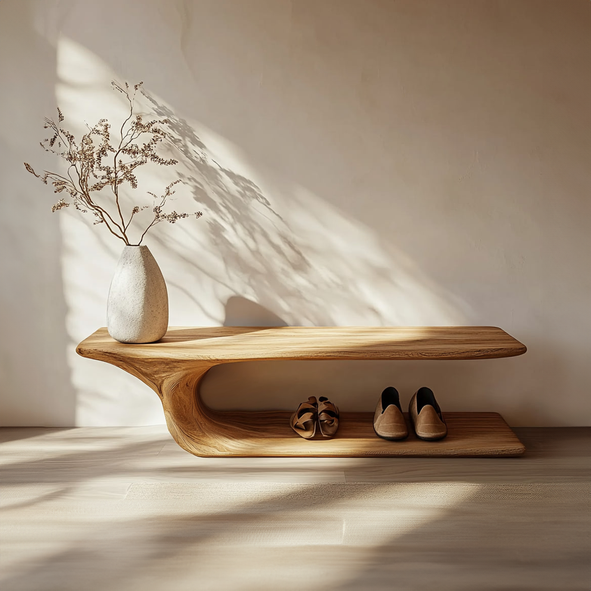 Mid Century Minimalist Wood Shoe Bench Entry Space