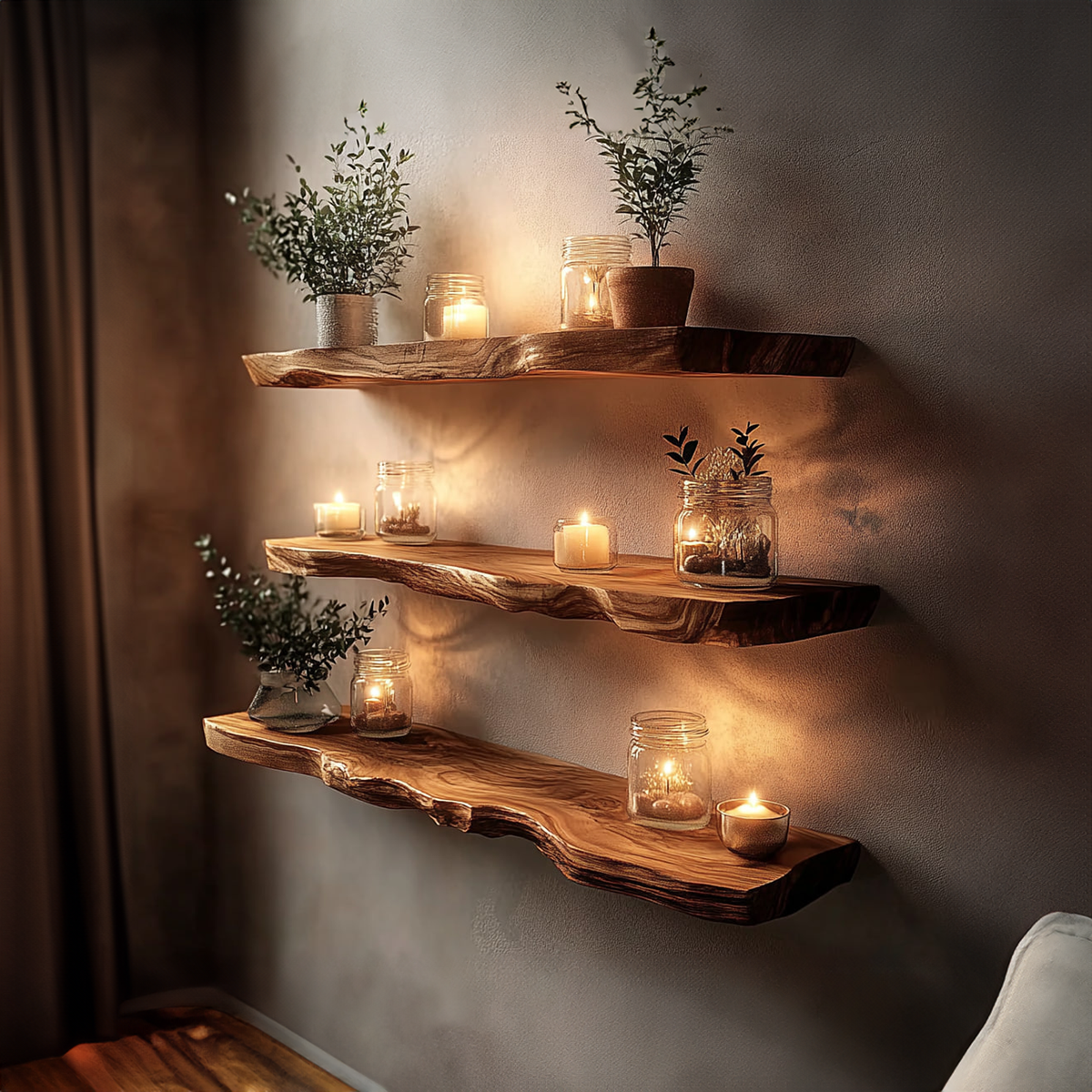 Rustic Live Edge Wood Corner Floating Shelf