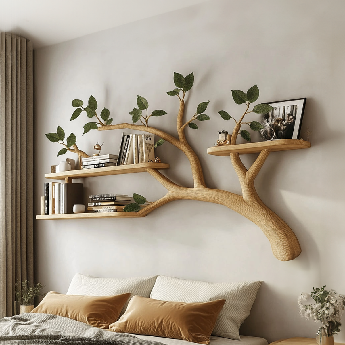 Mid Century Solid Wood Tree Branch Wall Floating Shelf