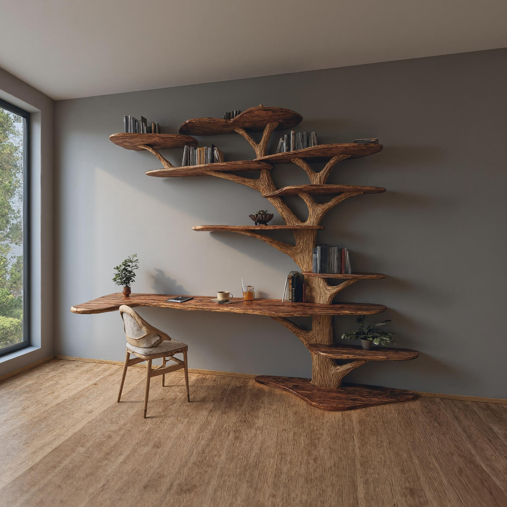 Rustic Tree Bookshelf Desk Home Office Or Study Room