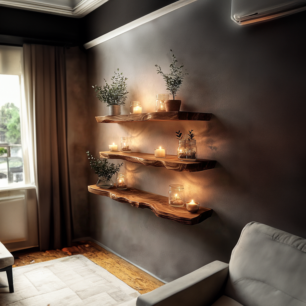 Rustic Live Edge Wood Corner Floating Shelf