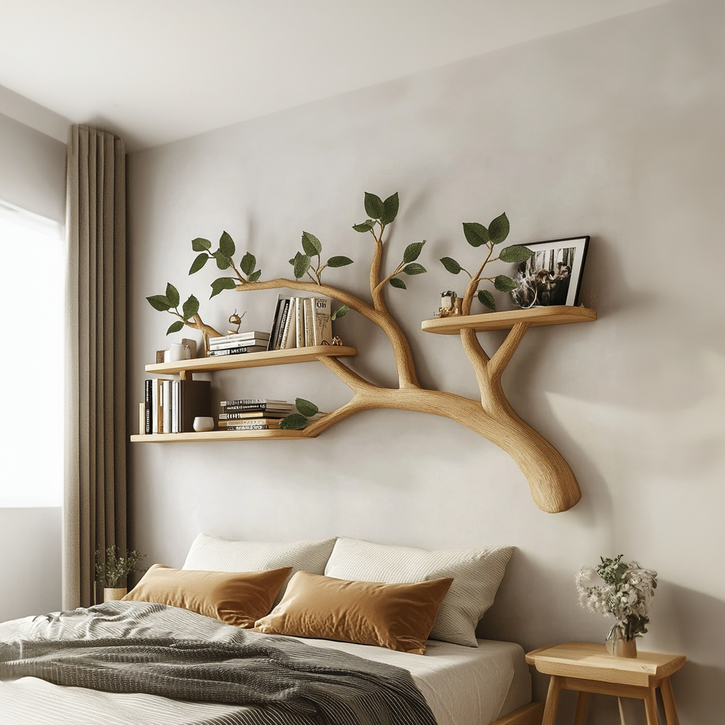 Mid Century Solid Wood Tree Branch Wall Floating Shelf