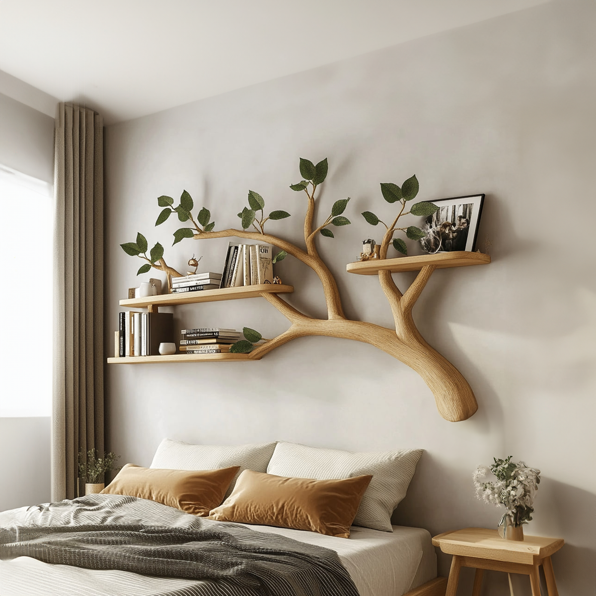 Mid Century Solid Wood Tree Branch Wall Floating Shelf
