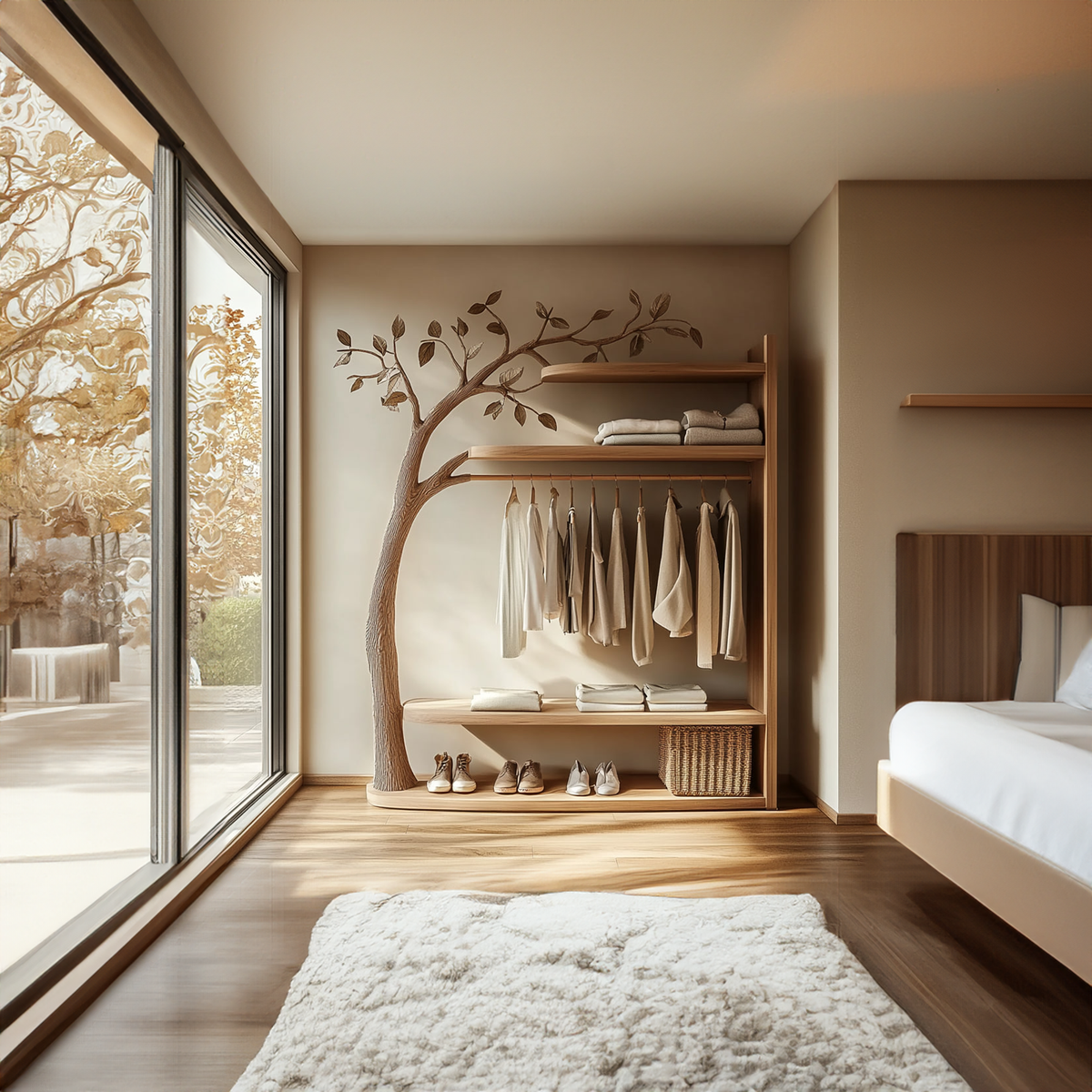 Scandinavian Solid Wood Tree Wardrobe Organizer Natural Living Room