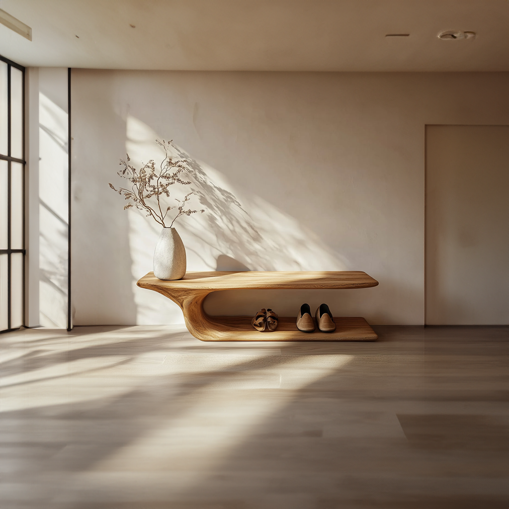 Mid Century Minimalist Wood Shoe Bench Entry Space