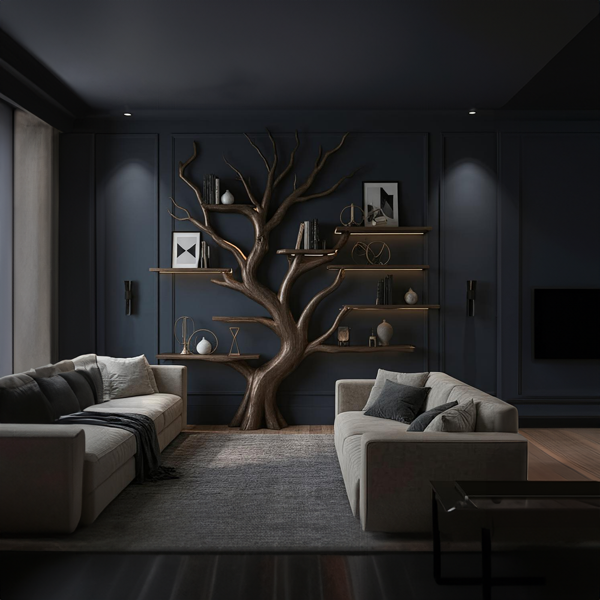 Rustic Tree Inspired Shelf Living Room Reading Nook Decor