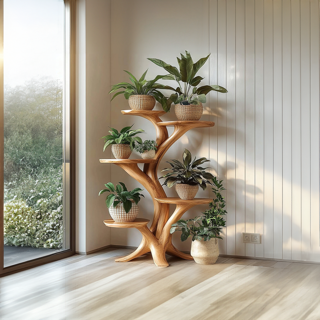Rustic Tree Plant Stand Natural Interior Design Living Room