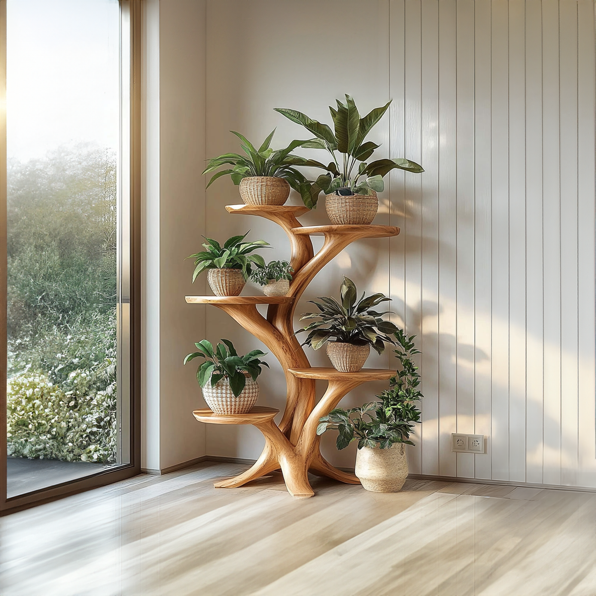 Rustic Tree Plant Stand Natural Interior Design Living Room