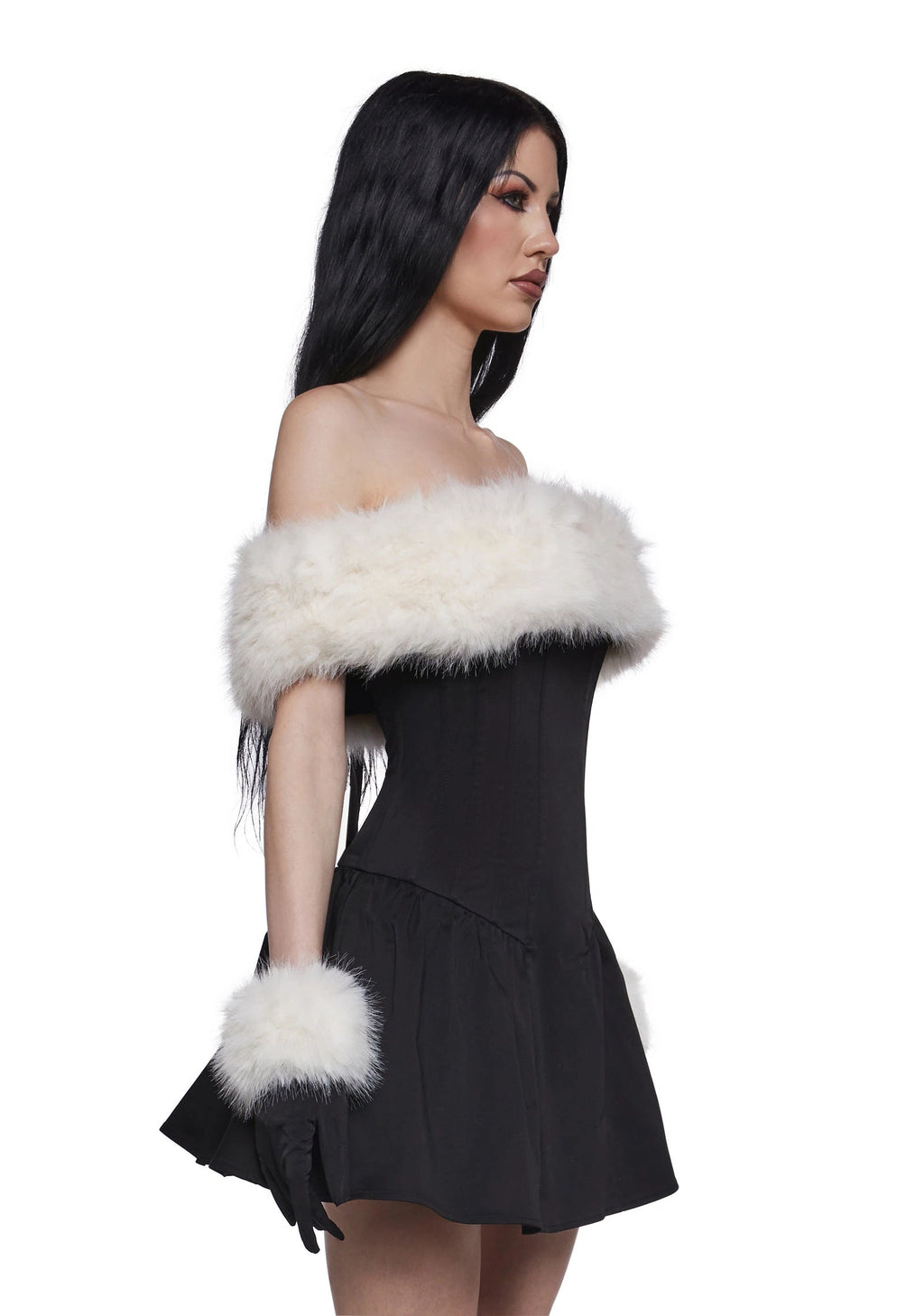 Off-Shoulder Faux Fur Mini Dress Set - Black