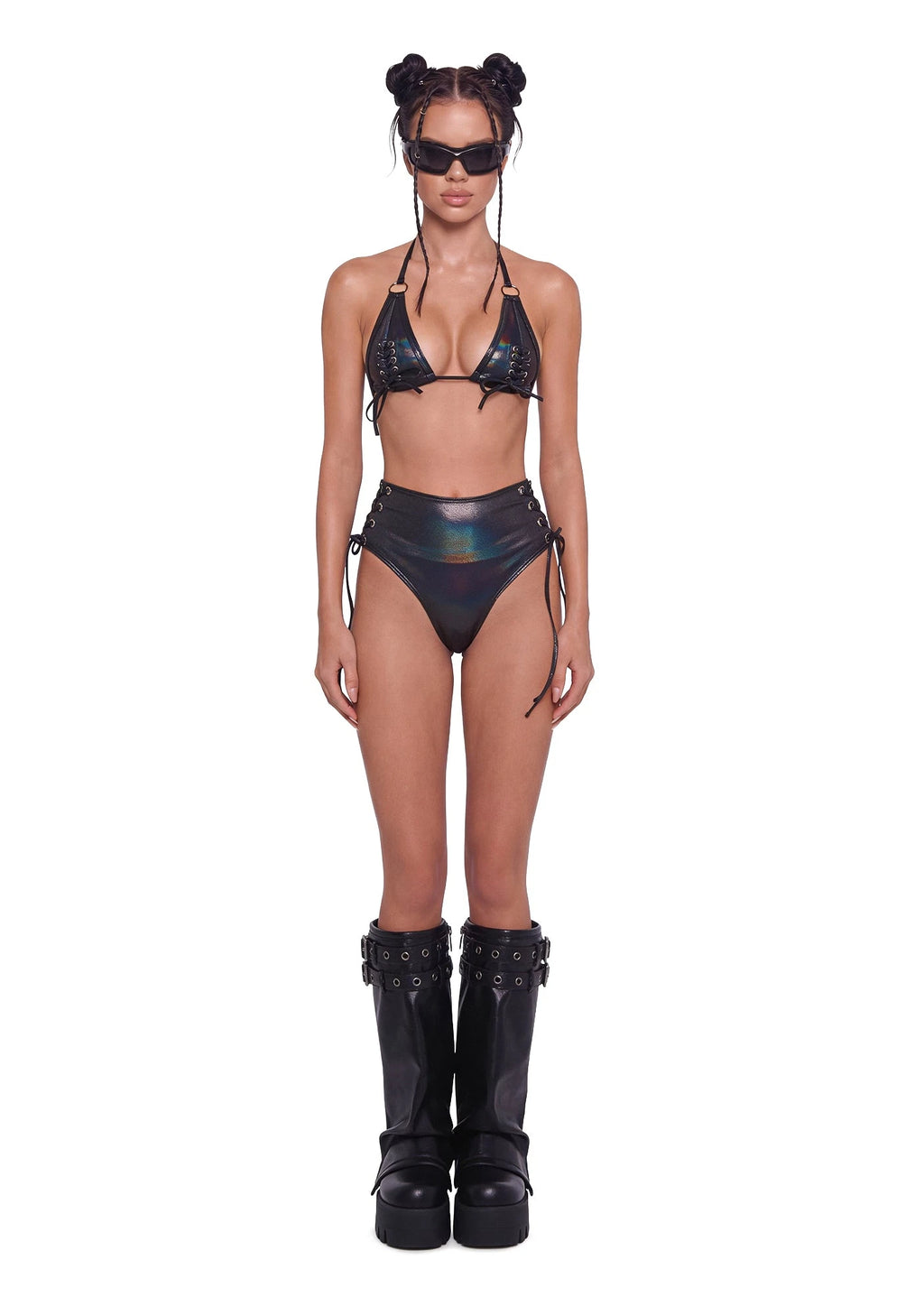 Metallic Lace-Up Top And High-Waist Set - Black
