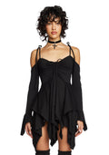 Off-Shoulder Handkerchief Mini Dress - Black