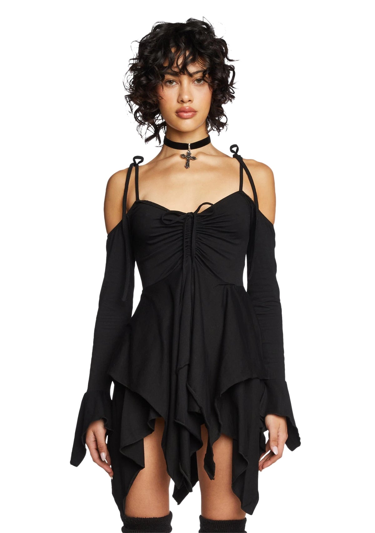Off-Shoulder Handkerchief Mini Dress - Black