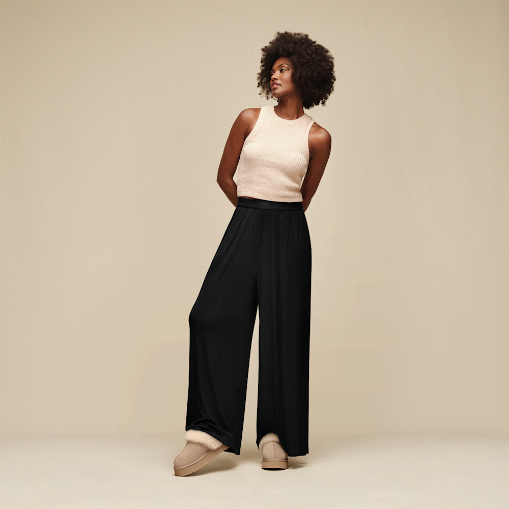 Women's Ribbed Wide-Leg Pants - Black