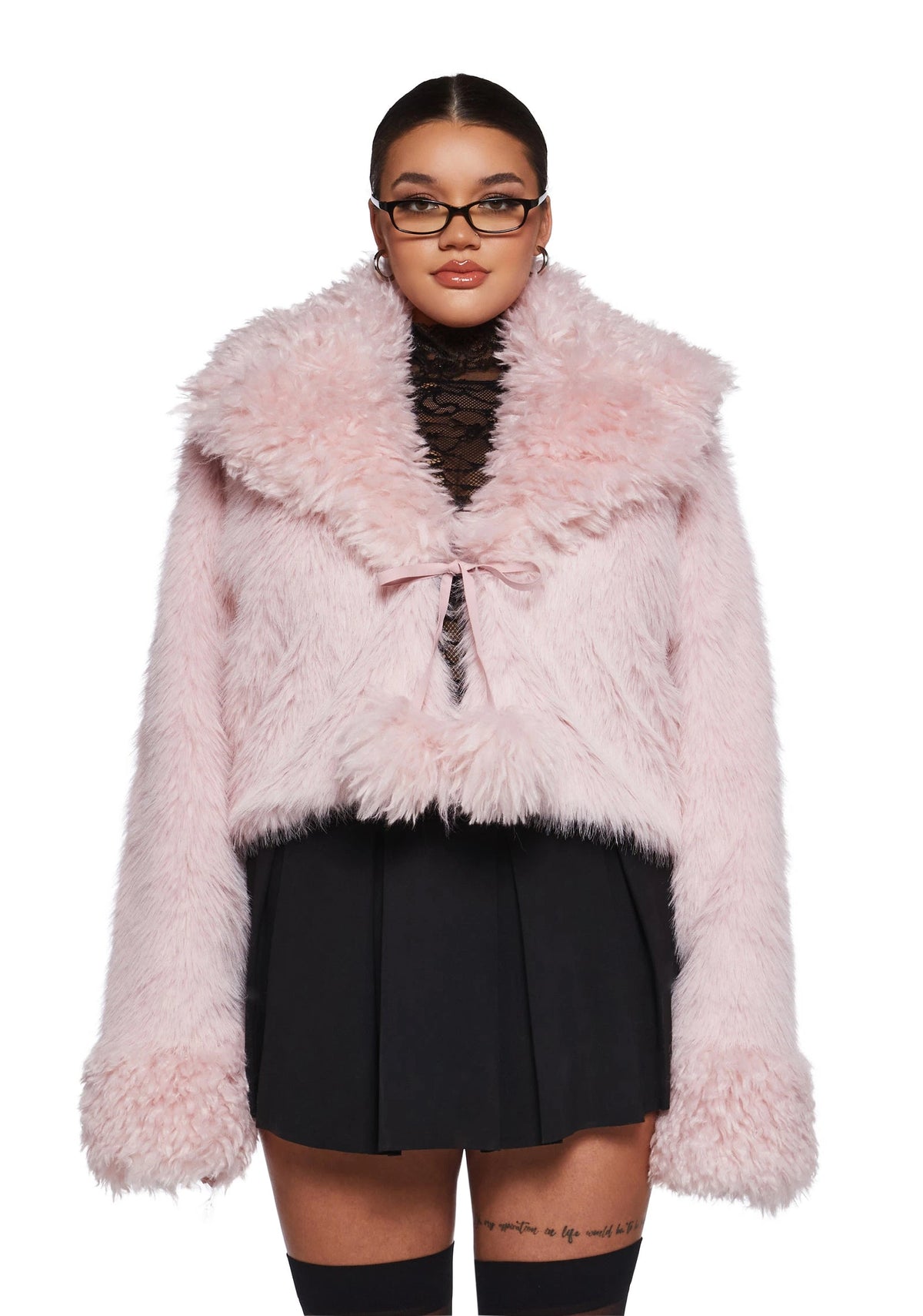 Faux Fur Cropped Tie-Front Jacket - Light Pink