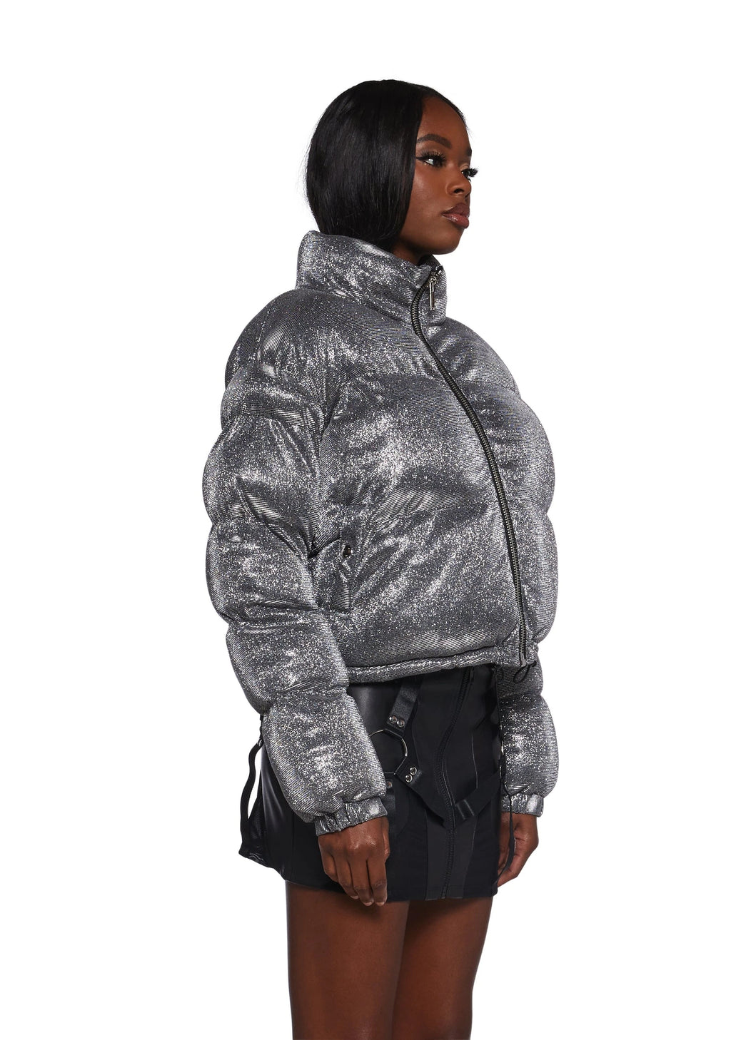 Sparkly Cropped Puffer Jacket - Silver