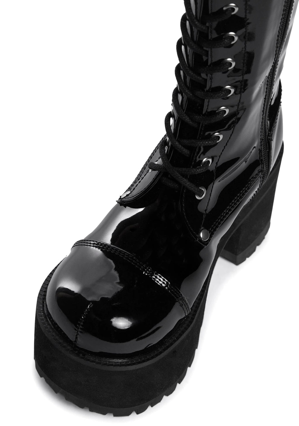 Patent Knee-High Platform Combat Boots - Black