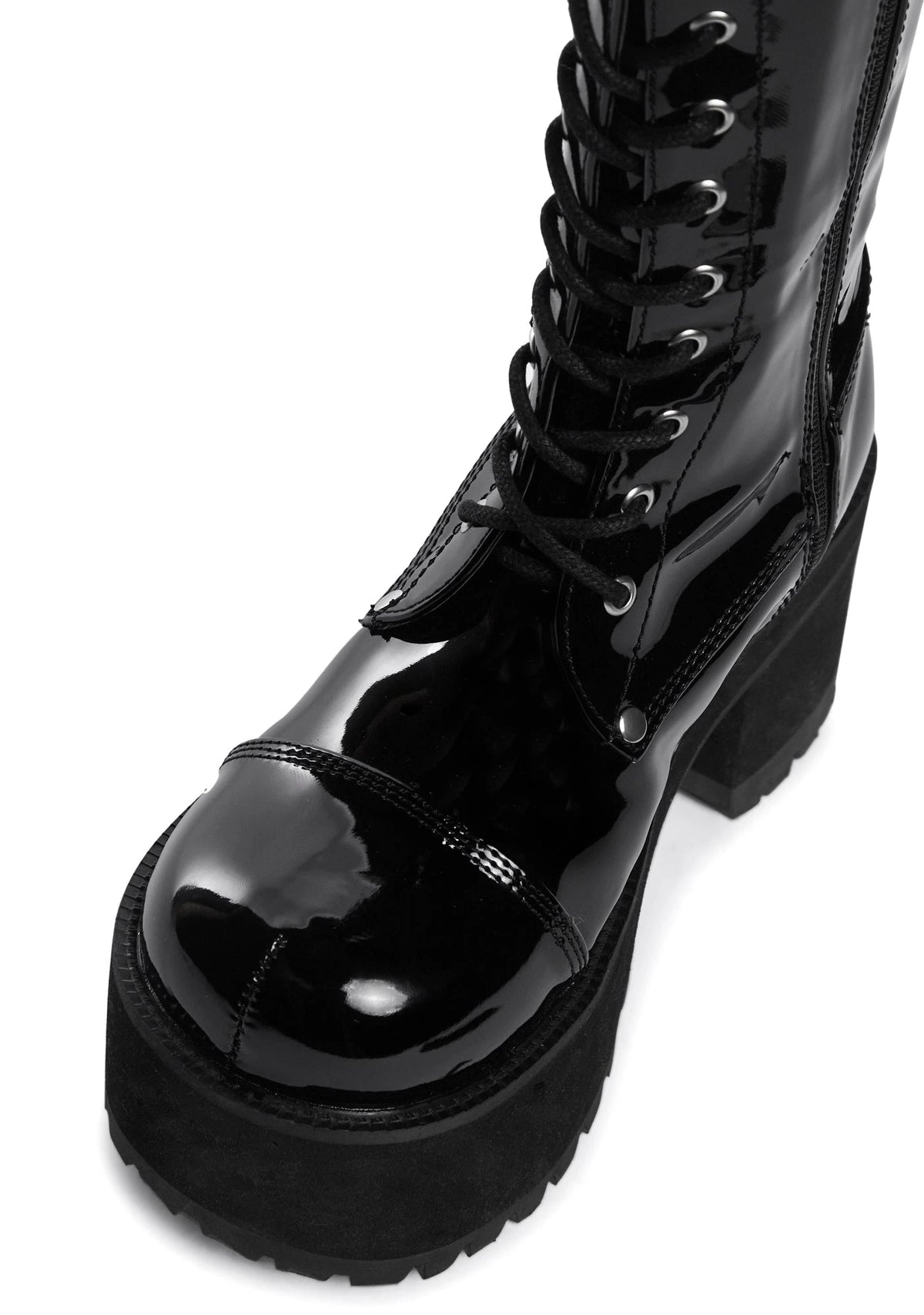 Patent Knee-High Platform Combat Boots - Black