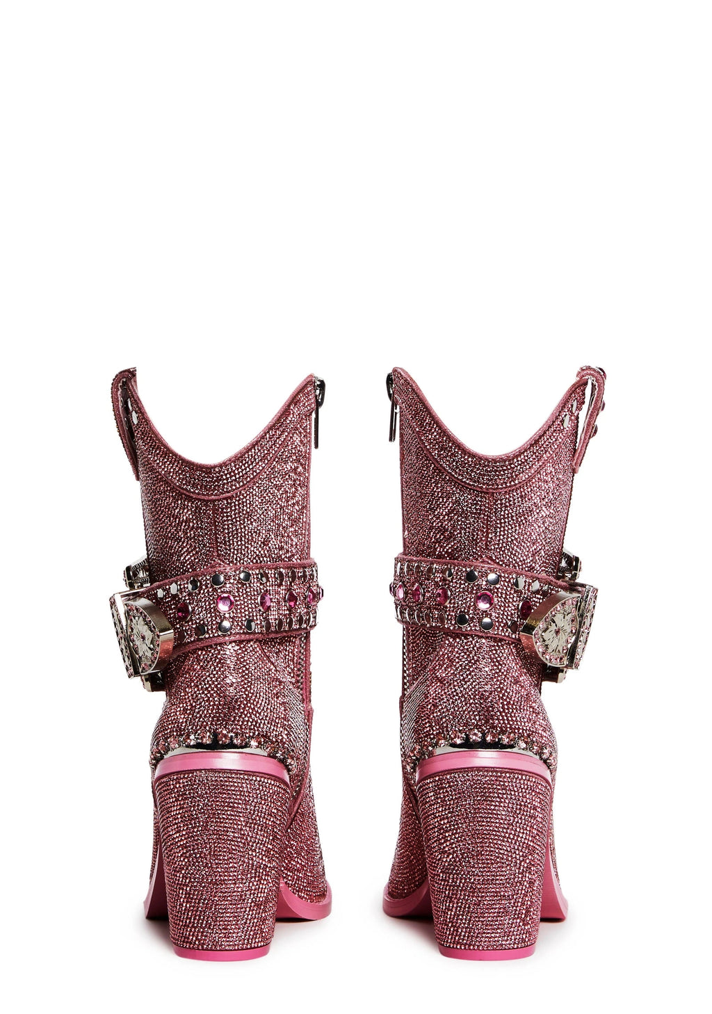 Rhinestone Western Boots With Buckle Straps - Pink