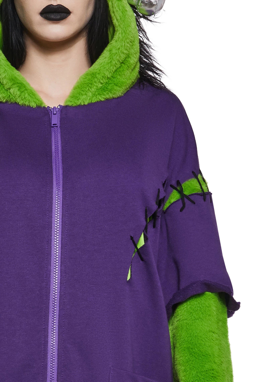 Monster Hood Faux Fur Sleeve Hoodie Costume - Purple