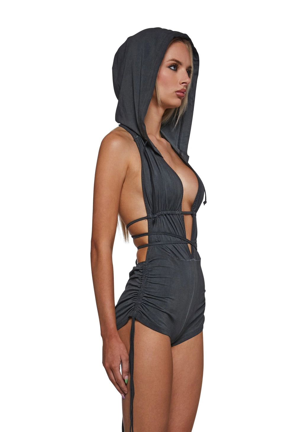 Hooded Backless Ruched Romper - Black