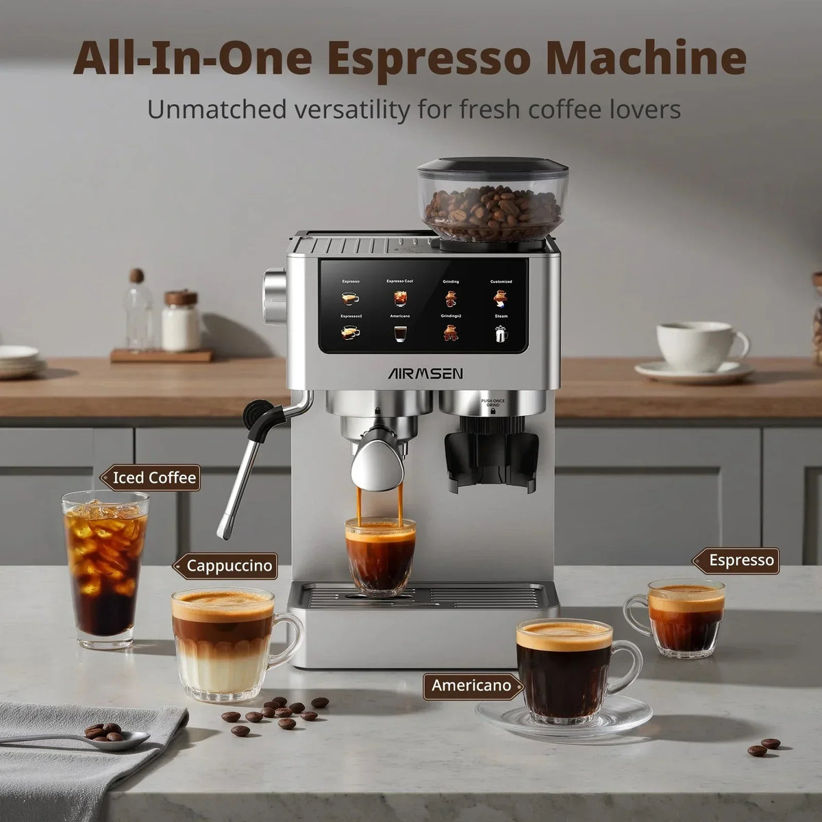 AIRMSEN Espresso Machine With Grinder, 20-Bar, 1350W, 63oz, Brushed Stainless Steel