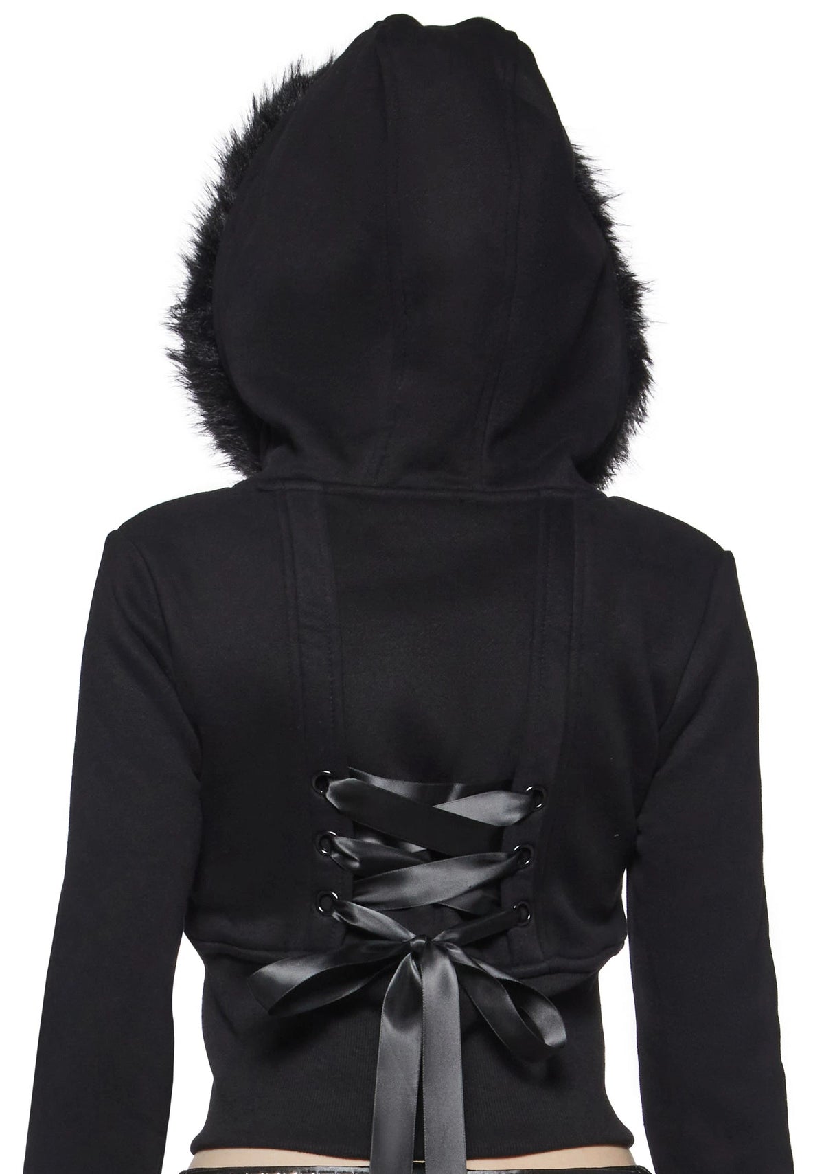 Cropped Fleece Jacket With Faux Fur Hood - Black