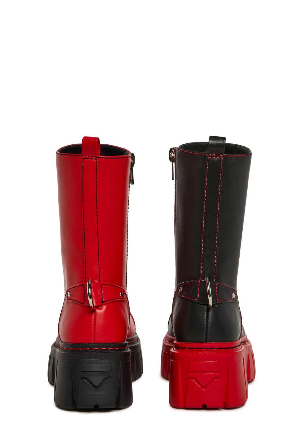 Mismatched Platform Combat Boots - Red