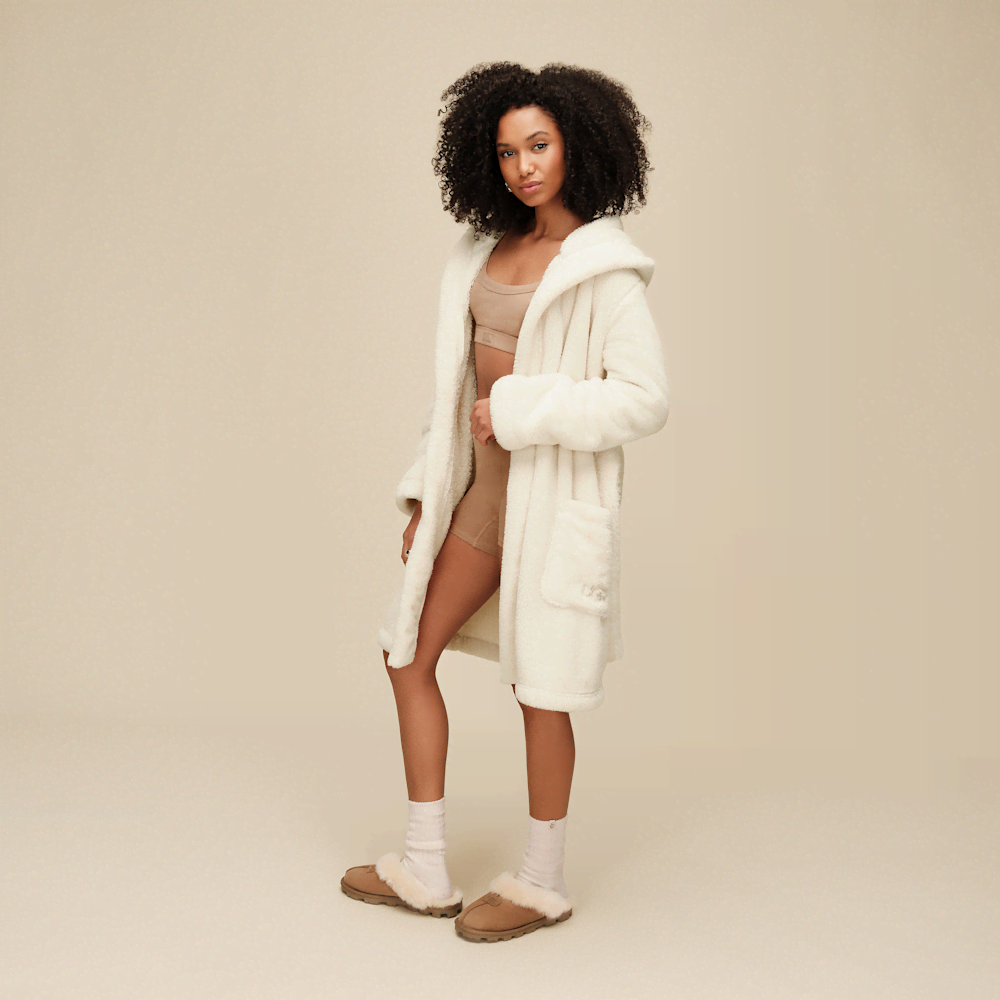 Women's Hooded Plush Fleece Robe - Cream