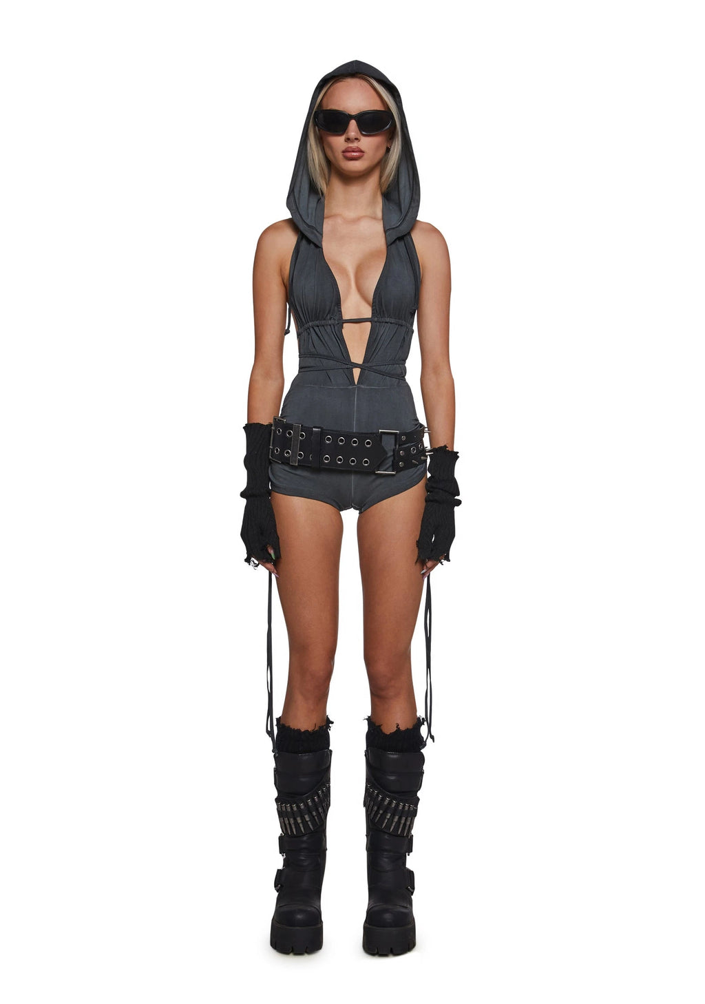 Hooded Backless Ruched Romper - Black