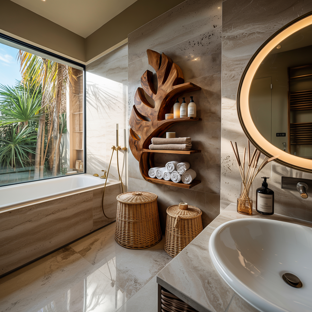 Organic Wooden Leaf Wall Mounted Bathroom Shelf For Spa