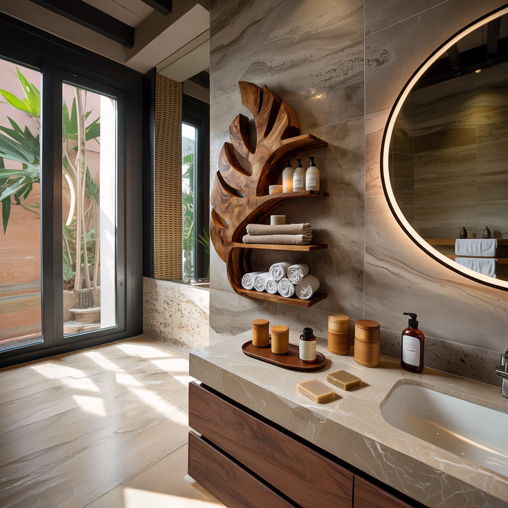 Organic Wooden Leaf Wall Mounted Bathroom Shelf For Spa