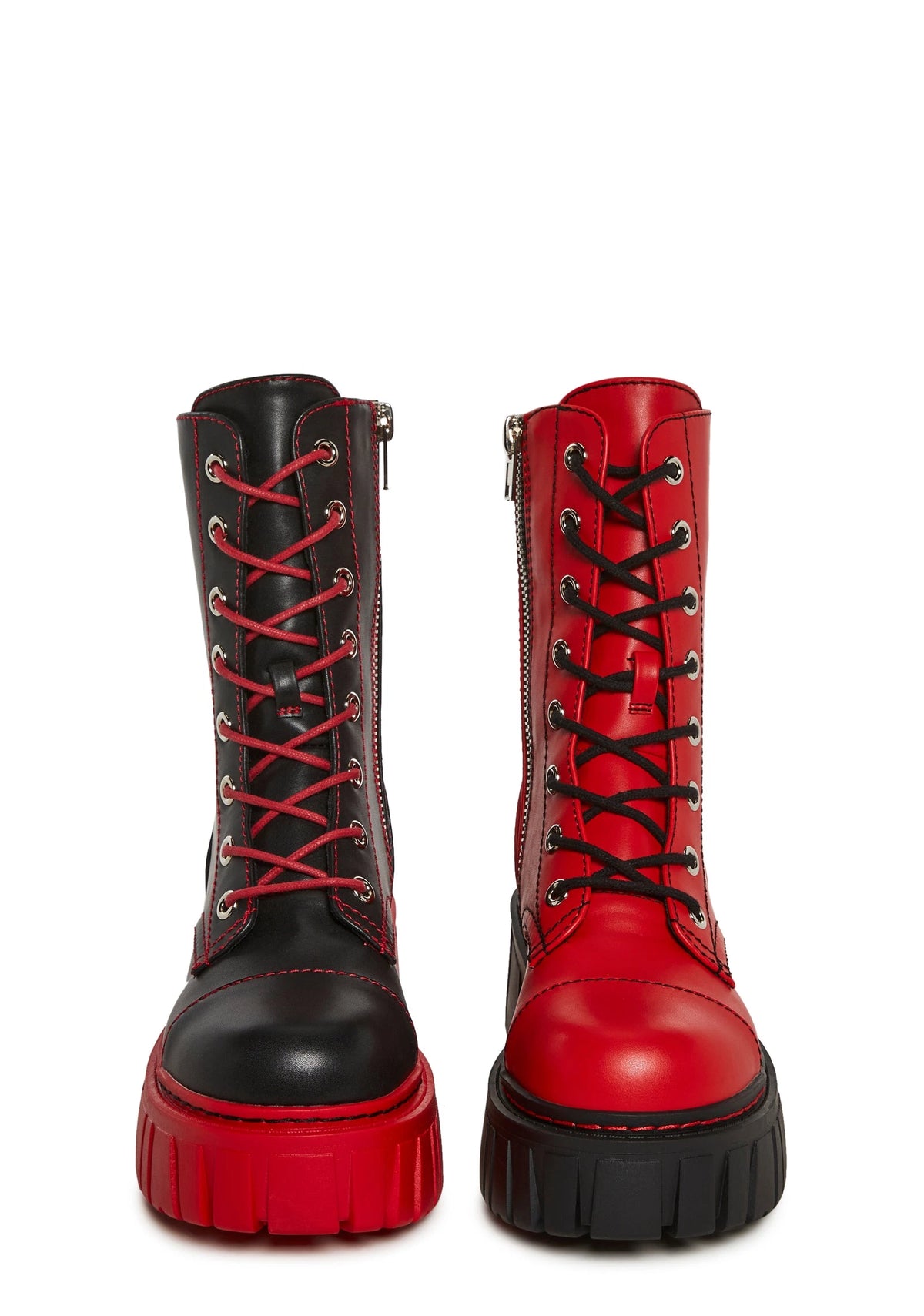 Mismatched Platform Combat Boots - Red