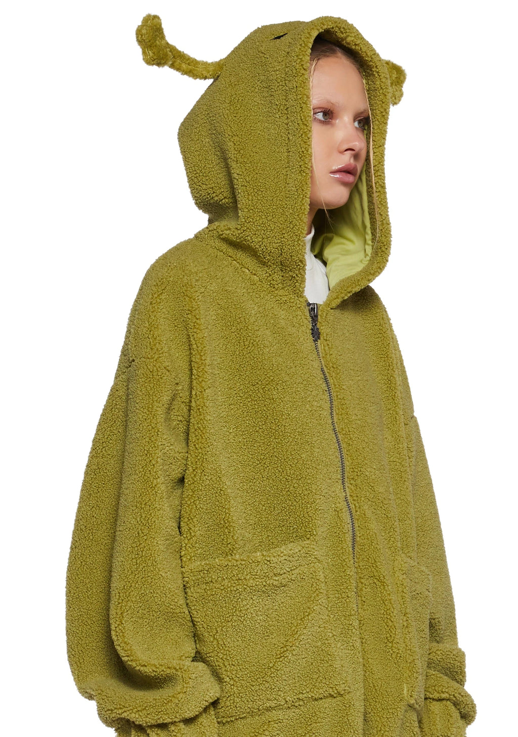 Hooded Sherpa Jacket With Alien Motif - Green