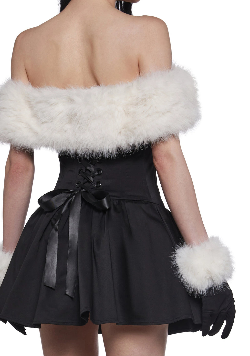 Off-Shoulder Faux Fur Mini Dress Set - Black