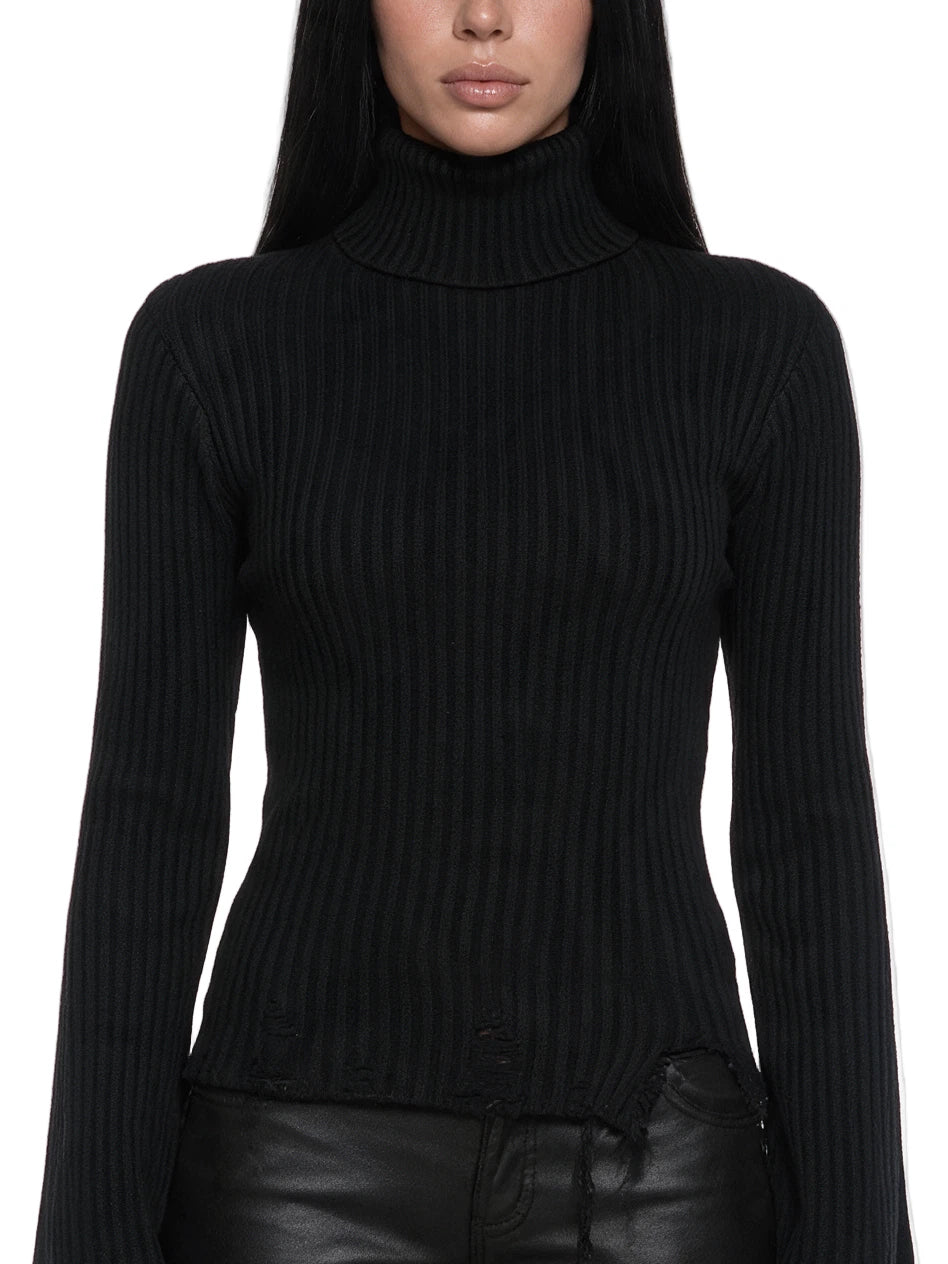 Distressed Cropped Turtleneck Sweater - Black