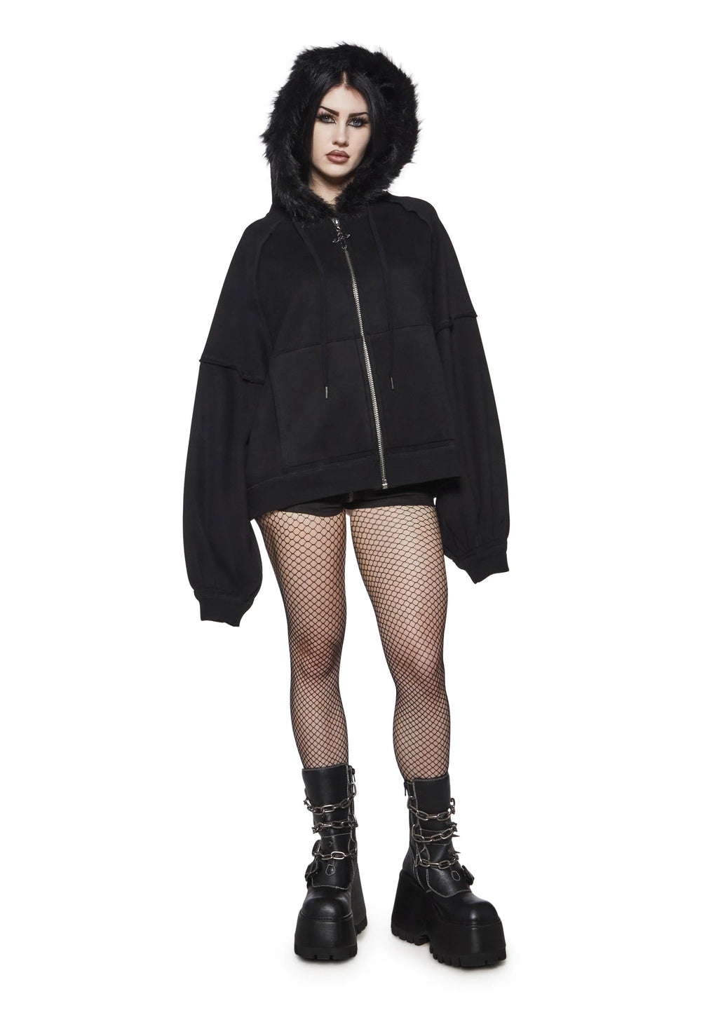Faux Fur Oversized Zip Hoodie - Black