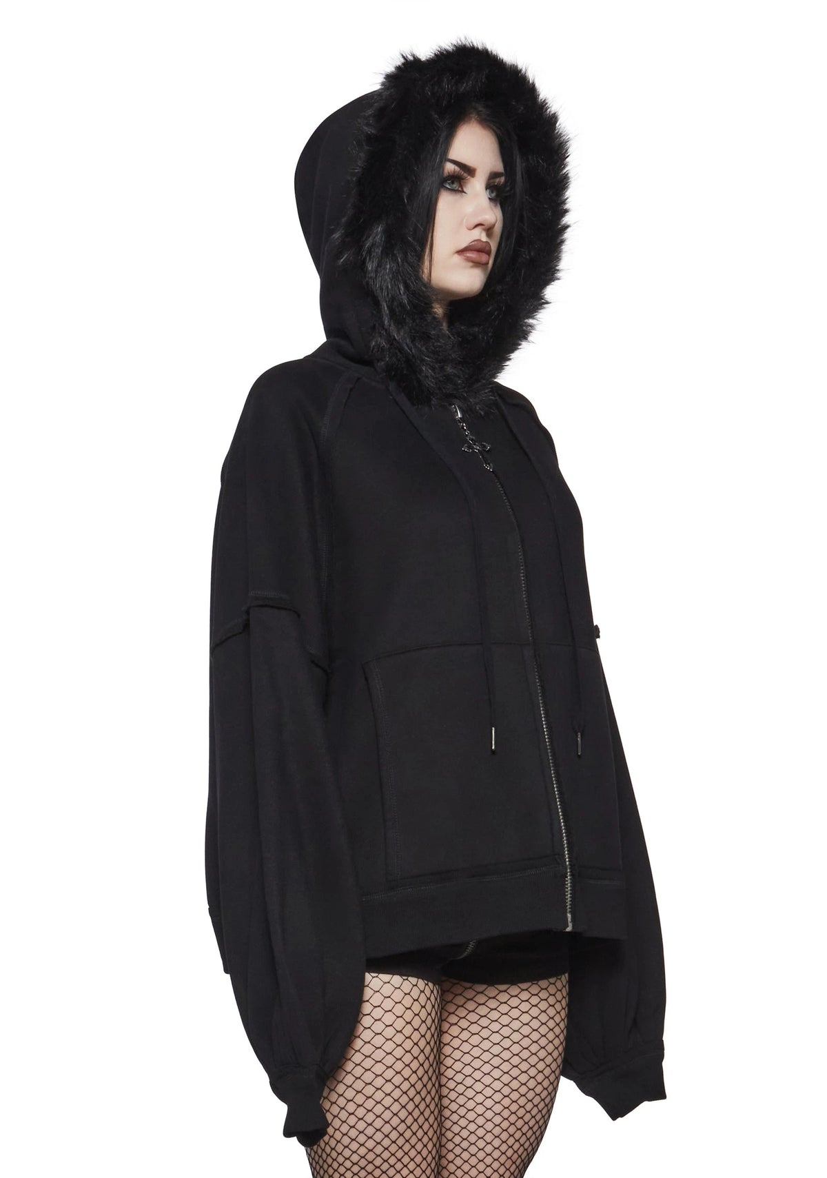 Faux Fur Oversized Zip Hoodie - Black