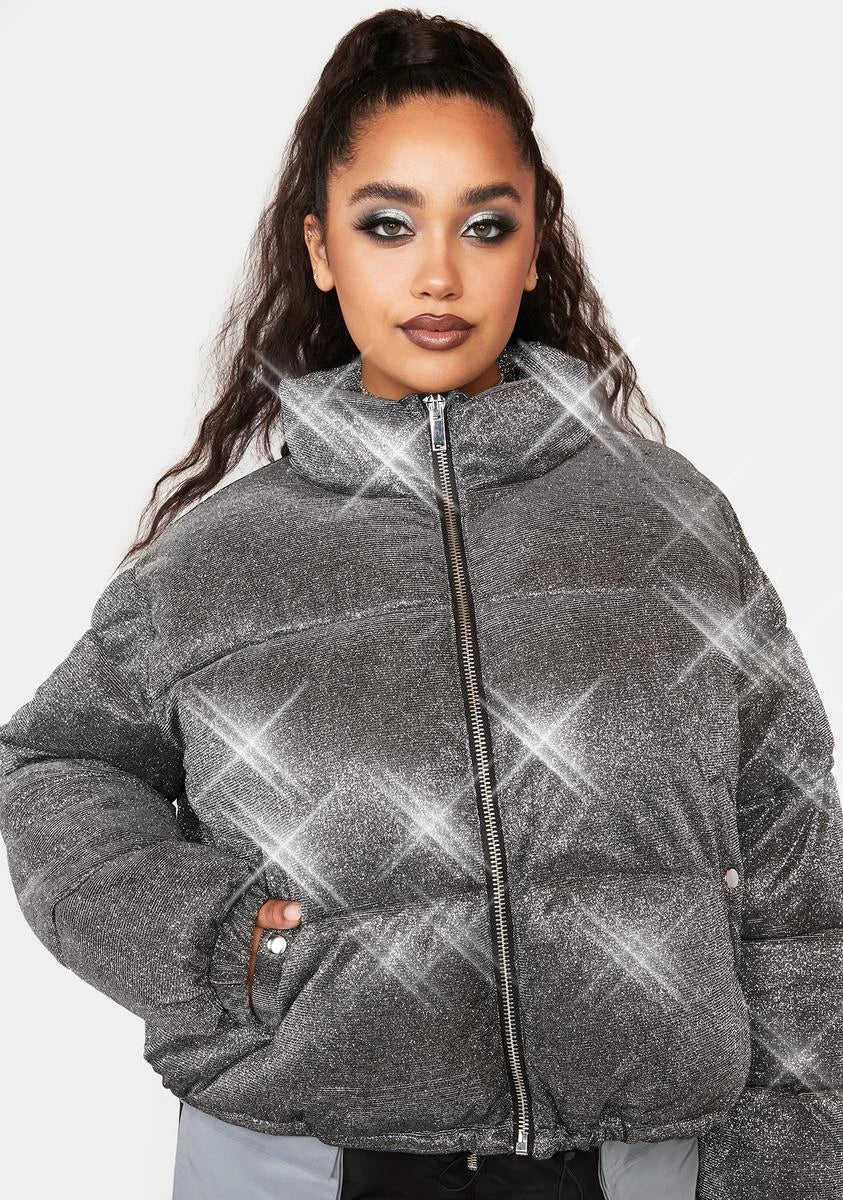 Sparkly Cropped Puffer Jacket - Silver