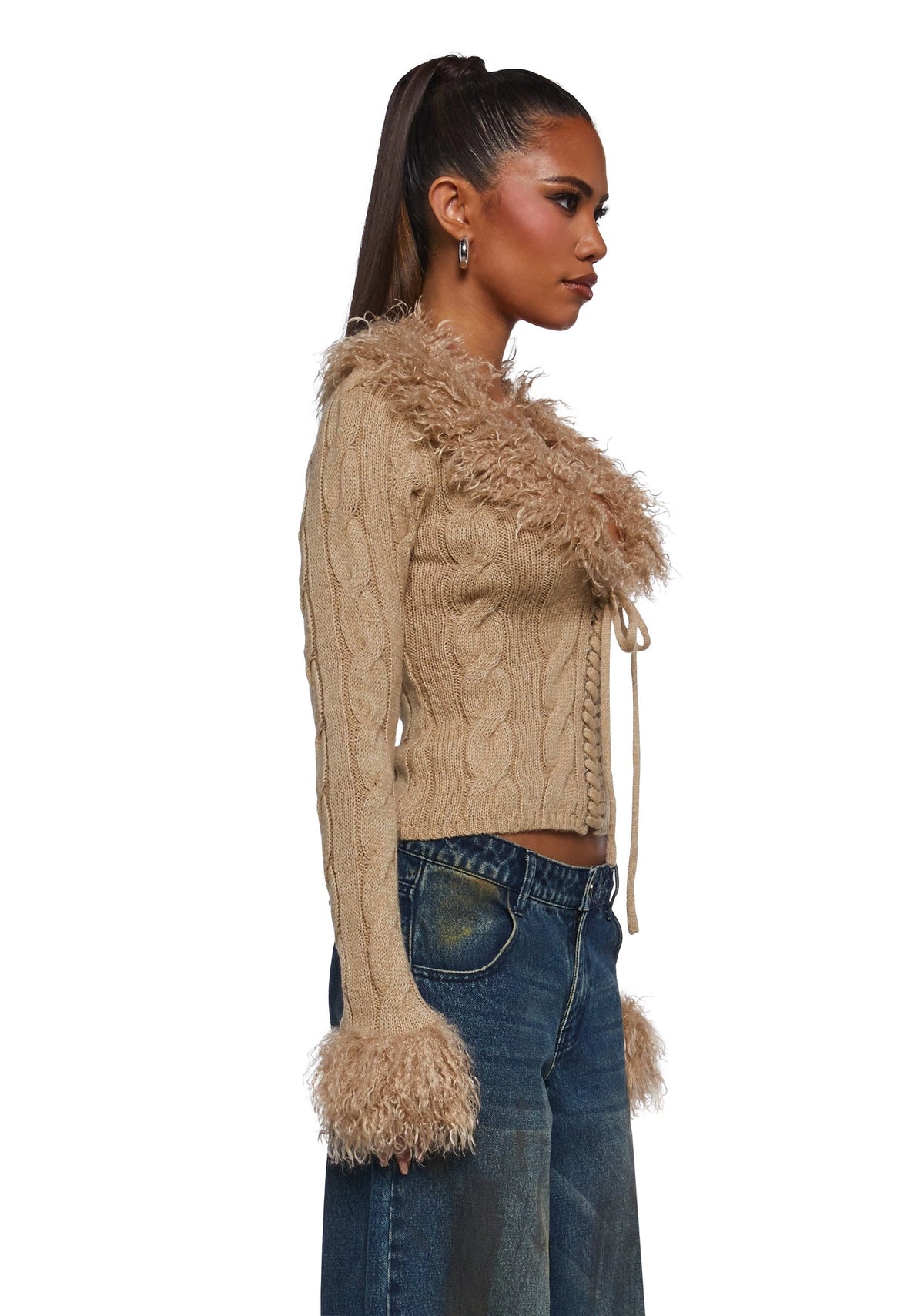 Cable Knit Faux Fur Trim Cardigan - Off White