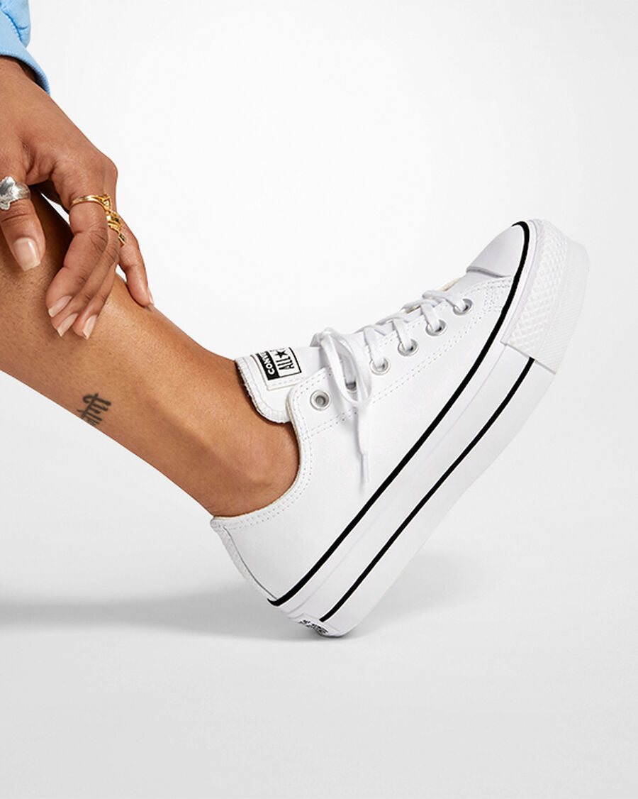 Women's Leather Platform Low Top Sneaker - White - White/Black/White
