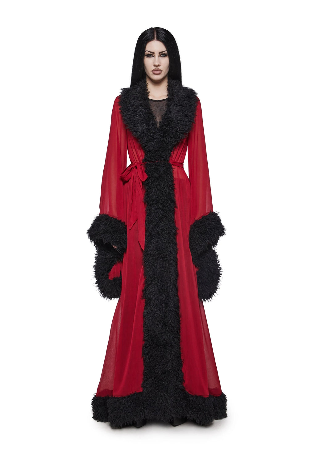 Sheer Faux Fur Trim Maxi Robe - Dark Red