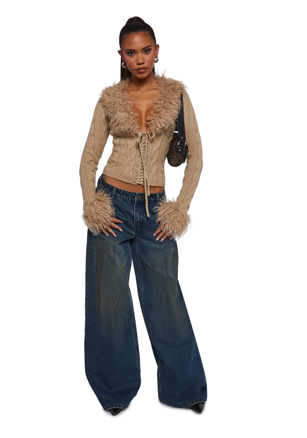 Cable Knit Faux Fur Trim Cardigan - Off White